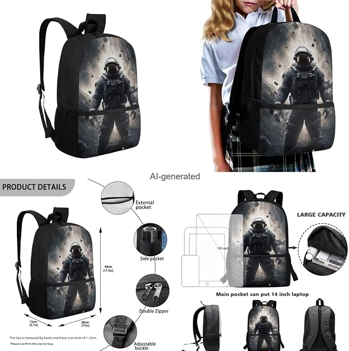 Astronaut Backpack for Kids Boys Backpack with Lunch Box Water Bottle Bag and Soft Pencil Case 4PCS Set Sturdy Lightweight Bookbag with Front Pocket 17" Large Capacity Elementary School Bag - Image 3