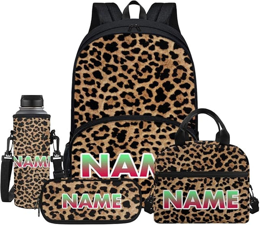 Leopard Spots Teens Lightweight Backpack with Lunch Box, Cheetah Skin Kids BookBag 4 Set Rucksack, Brown Black Water Bottle Holder Pencil Bag for Girls Boys by Jndtueit