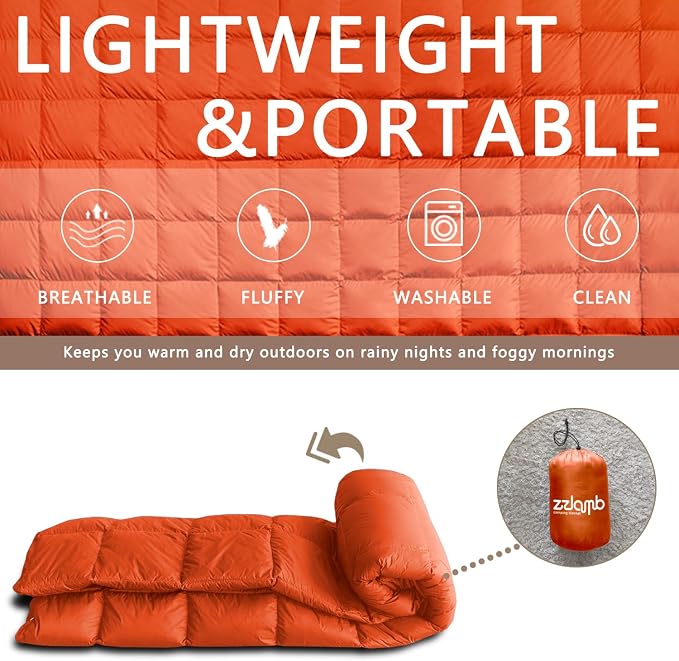 zzlamb Puffy Down Camping Blanket Water-Repellent, Down Throw Travel Blanket Portable for Outdoor, Light Warm Quilt for Couch Plane Car Theater Stadium Picnic RV Backpacking Hammock - Image 5