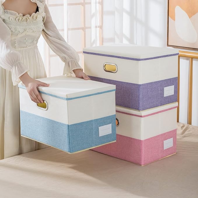 PRANDOM Large Collapsible Storage Bins with Lids [3-Pack] Fabric Foldable Storage Boxes Organizer Containers Baskets Cube with Cover for Home Bedroom Closet Office Pink&Cream(17.7x11.8x11.8) - Image 7