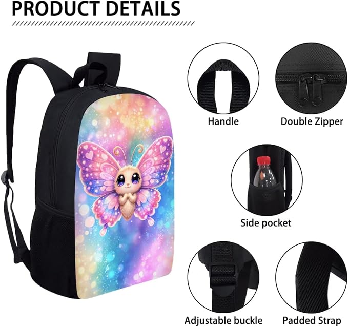 Forchrinse Cartoon Butterfly Backpack for Girls Kids Backpacks with Lunch Box Pencil Case 3PCS Bookbag Set 17 inch School Bag for Elementary School - Image 7