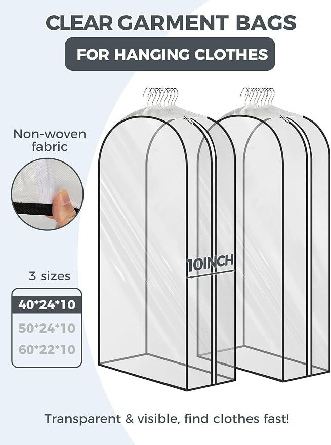 6 pcs 40" Garment Bags for Hanging Clothes, Clear Suit Bags for Closet Storage Clothing Storage, Garment Bags for Travel Covers with 10" Gussets for Coats, Jackets, Shirts and Sweater - Image 2