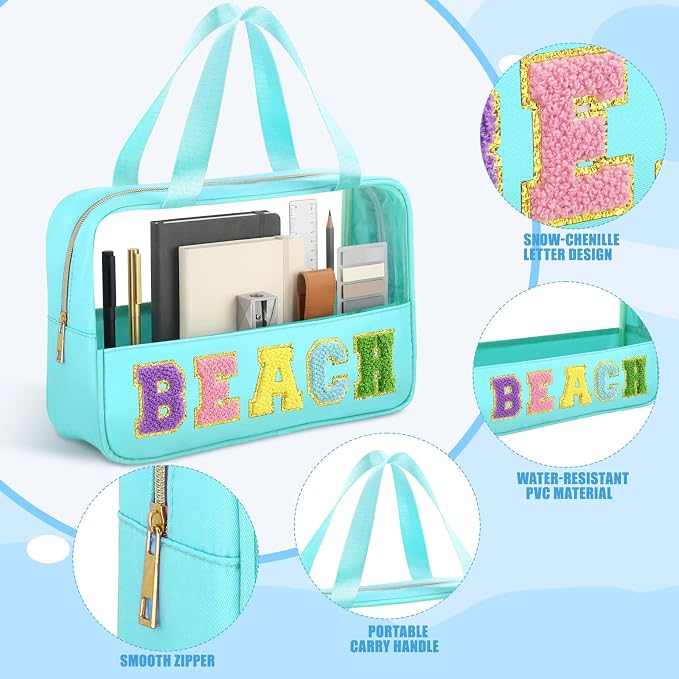 Hillban 6 Pcs Clear Beach Makeup Bags Bulk Travel Toiletry Bags with Handle Chenille Letter Large Waterproof Storage Preppy Patch PVC Nylon Cosmetic Bag for Summer Beach Pool Vacation Women Gift - Image 4