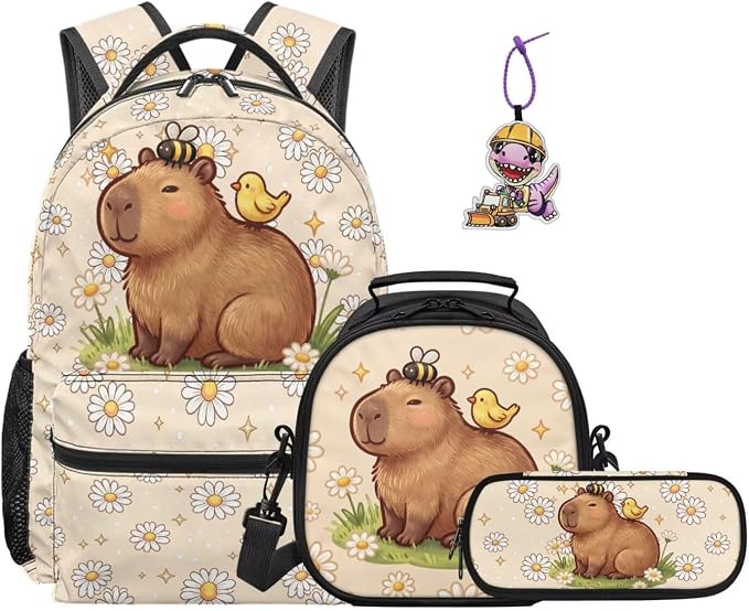 Girls Capybara Backpack Set 4-Piece and Lunch Box, Pencil Case – Cute Lightweight School Bag for Kids Ages 5-12, Kindergarten Elementary Pockets Back to School Bookbag with Front Zip by Dremagia