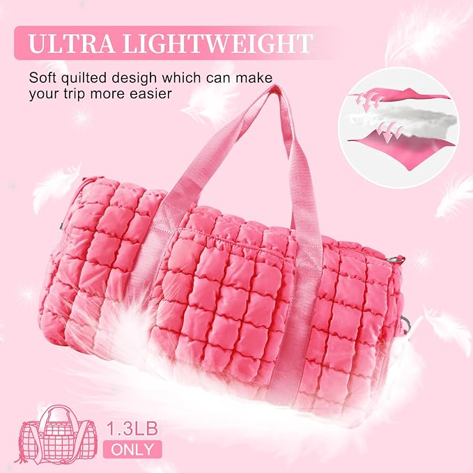 Quilted Travel Duffle Bag Gym Bag for Women,Large Puffer Duffle Weekender Bag with Compartment,Workout Overnight Carry on Organizer Bag Duffle Bag for Airplane Travel(Pink) - Image 6