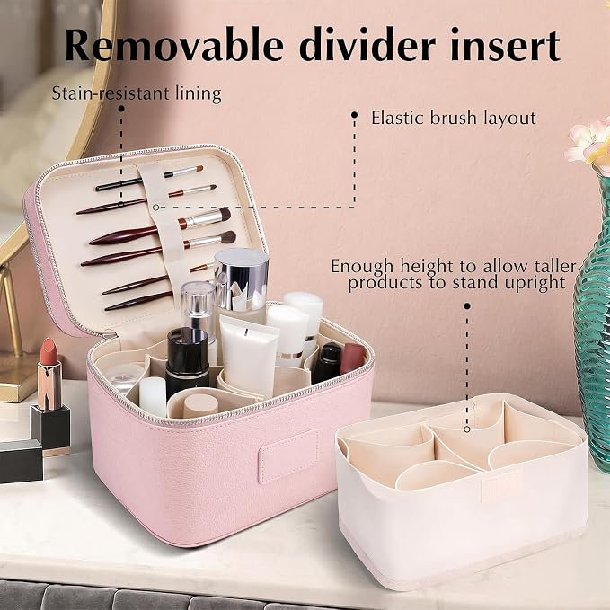 Makeup Case,Leather Double Layer Makeup Bag Duo,Large Portable Travel Toiletry Case Cosmetic Organizer for Women - Image 5
