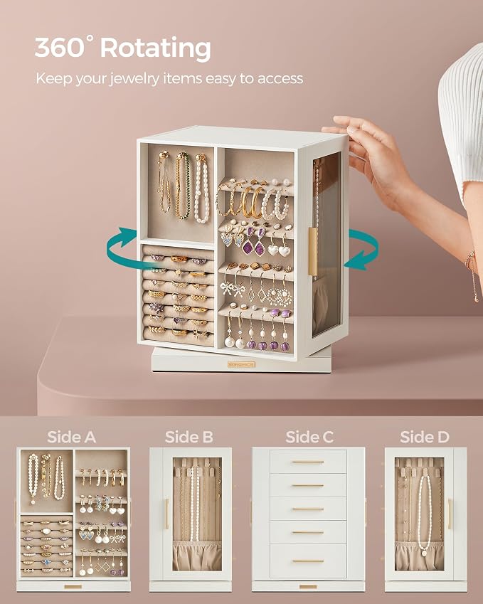 SONGMICS GISELLA Collection - Jewelry Box Organizer 360° Rotating, Vertical Jewelry Storage Case with 5 Drawers, Glass Window, Spacious, Open Design, Great Gift, Cloud White UJBC170W01 - Image 3