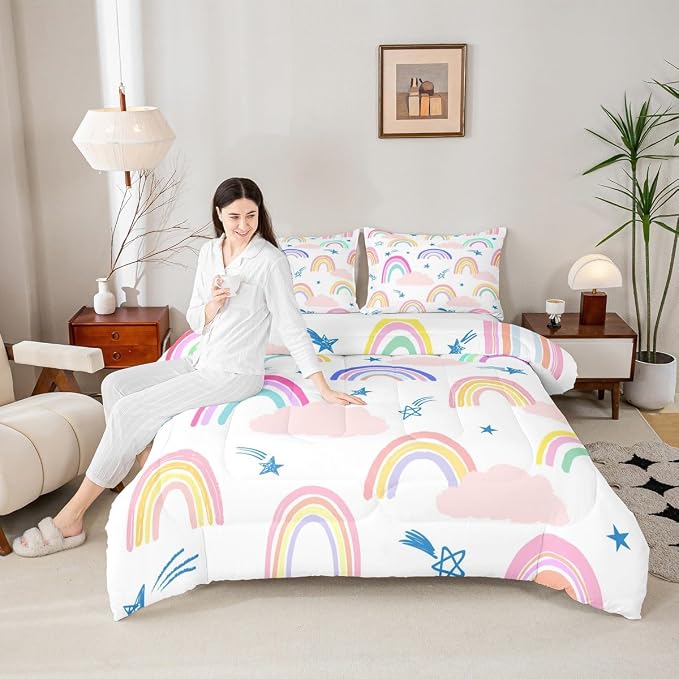 Rainbow Comforter Set For Girls Kids, Cartoon Sun Cloud Quilt Kawaii Room Decor Full Size, Girly Iridescent Stripes Duvet Insert Hand Drawn Down Comforter 3 Pieces With 2 Pillow Cases, Colorful - Image 2