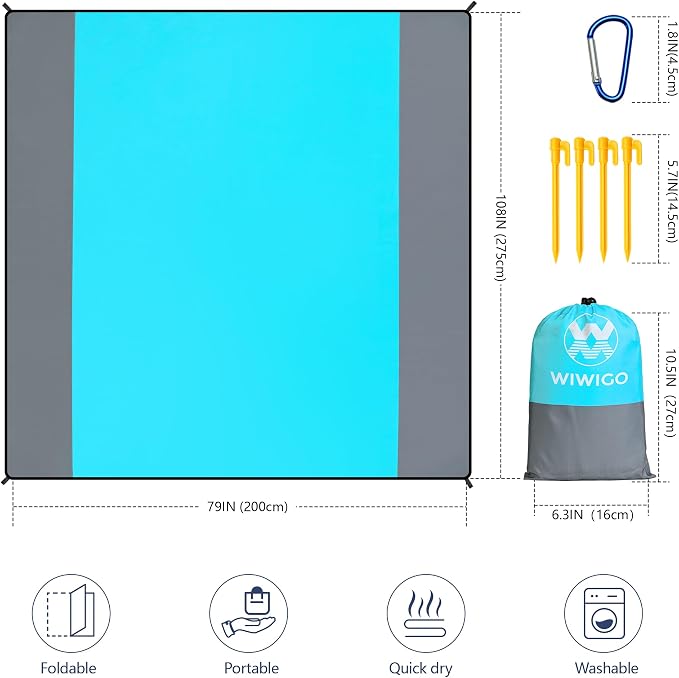WIWIGO Beach Blanket Waterproof Sandproof Beach Mat 79" X 83"/10'x9'for 2-8 Adults Quick Drying Outdoor Picnic Mat Beach Accessories for Travel, Camping, Hiking - Image 2