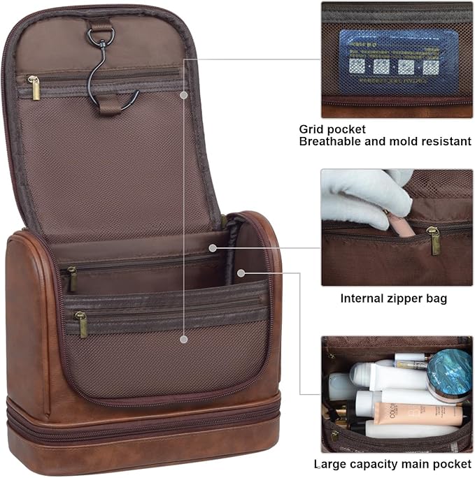 Personalized Leather Toiletry Bag, Brown, Three Layer Structure, Waterproof, Customizable Name Engraving, Travel Organizer for Men, Multi-Occasion Gift (UK1006) - Image 7