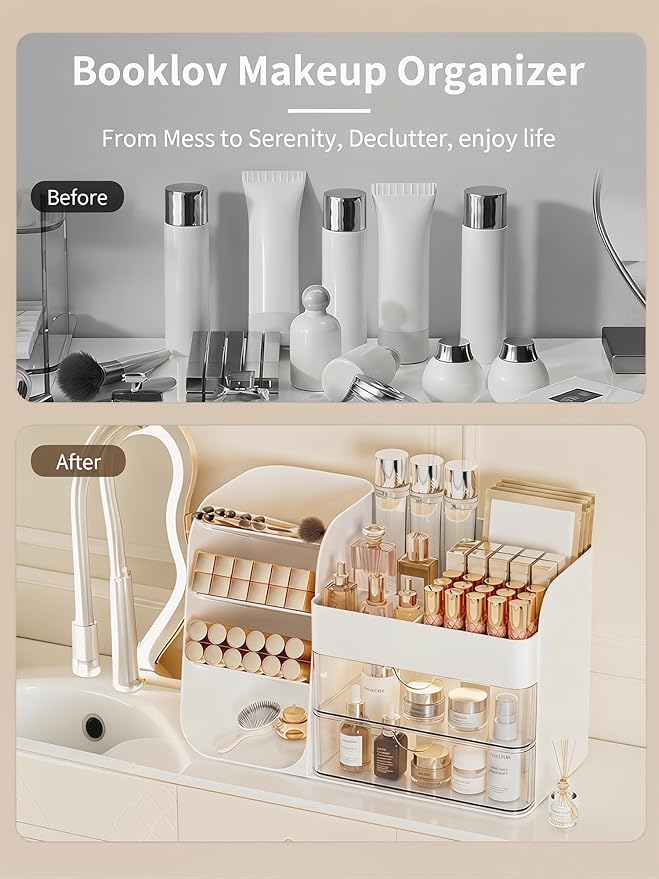 Booklov Makeup Organizer for Vanity, Countertop Cosmetic Display Case with Clear Acrylic Drawers, Bathroom Counter Beauty Caddy, Cute Table Storage Holder for Skincare, Brush Lipsticks, Crystal White - Image 6