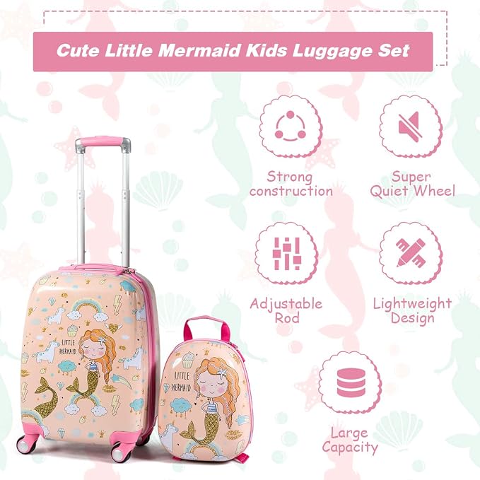HONEY JOY Kids Luggage, 12" Toddler Backpack & 18" Travel Suitcase with Wheels, Lightweight Toddler Girls Suitcase, Durable ABS Hardshell, 2Pcs Carry On Luggage Set for Boys Girls, Pink Mermaid - Image 5
