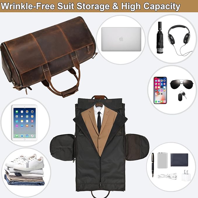 Full Grain Genuine Leather 2-in-1 Garment Dufflel Bag for Men Foldable Suit Carrier with Independent Shoe Compartment, Large Capacity Weekender Overnight Travel Bag for Business Trips, Coffee - Image 7