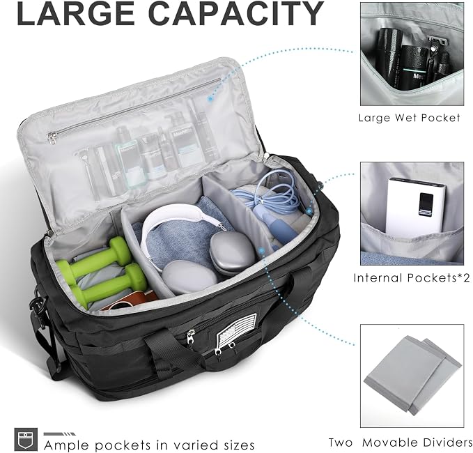 Gym Bag for Men Women, Carry on Luggage 22x14x9 Airline Approved, Tactical Travel Duffle Bag with Toiletry Bag and Shoe Compartment, Weekender Overnight with Wet Pocket for Workout, Black - Image 3