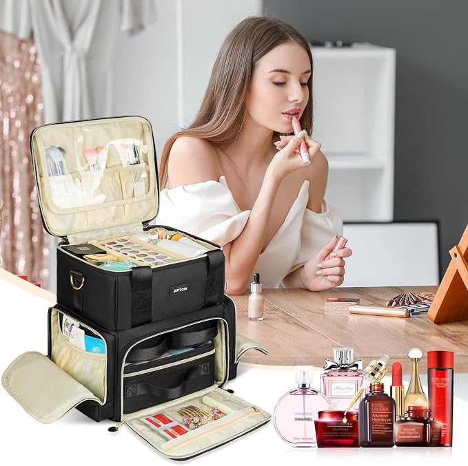 Extra Large Makeup Bag with 3 Removable Cases, Double Layers Travel Cosmetic Storage Organizer Bag with Detachable Dividers, Black - Image 5