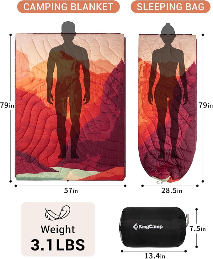 KingCamp Large Camping Blanket with Sherpa Lining, Packable Down Alternative Puffy Printed Wearable Blanket with Snap Buttons, Warm Weatherproof Quilt for Outdoor Travel (79" L x 57" W, Orange) - Image 2