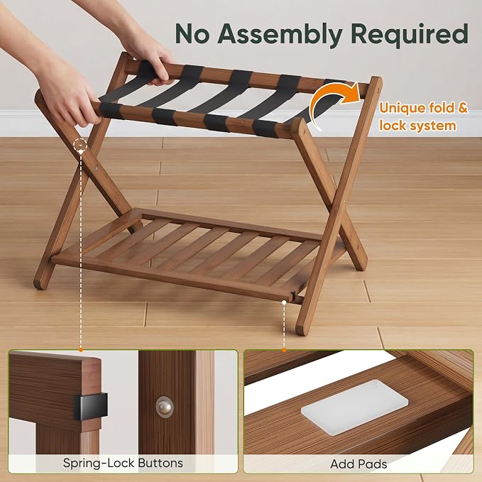 Smart FENDEE Set of 2 Fully Assembled 26.77" Dark Walnut Luggage Racks with Foldable Shoe Shelf, 5 Heavy-Duty Straps Bamboo Suitcase Stand, Luagge Holders for Guest Room Bedroom, Hotel - Image 3