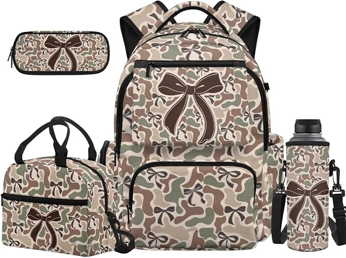 Duck Camo Bow Kids 4 Piece Backpack Set, 17 Inch School Backpack with Lunch Bag, Pencil Case and Water Bottle Holder, Lightweight Durable School Bag for Daily Use by Unknown