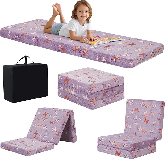 MeMoreCool Glow Butterfly Kids Foldable Floor Mattress, 57x22 Inch Purple | Glow butterfly foldable mattress for girls room, playroom and reading nook by MeMoreCool