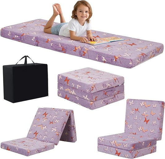 MeMoreCool Glow Butterfly Kids Foldable Floor Mattress, 57x22 Inch Purple | Glow butterfly foldable mattress for girls room, playroom and reading nook by MeMoreCool