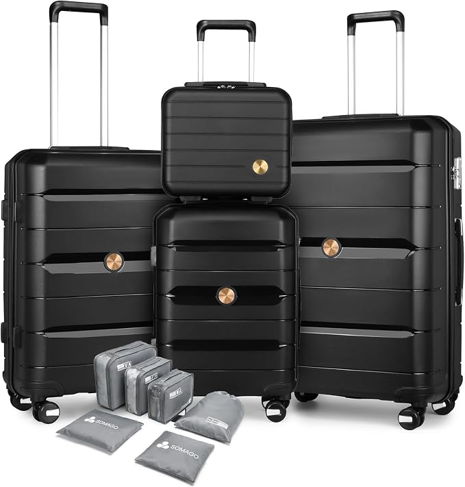 Somago Luggage Sets and Packing Cube Travel Set Lightweight Hardside Polypropylene Suitcases with Double Spinner Wheels and TSA Lock,Classic Black by SOMAGO