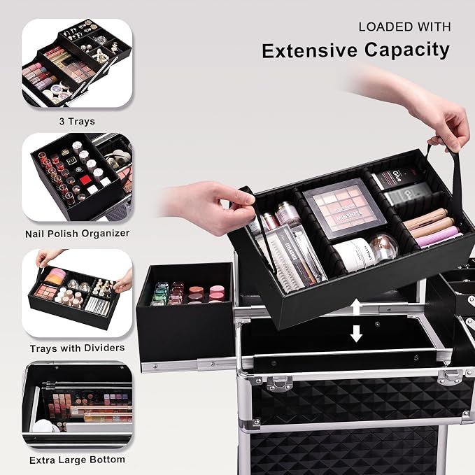 Stagiant Rolling Makeup Train Case Large Storage Cosmetic Trolley 4 Tray with Sliding Rail Removable Middle Layer with Key Swivel Wheels Salon Barber Case Traveling Cart Trunk - Image 3