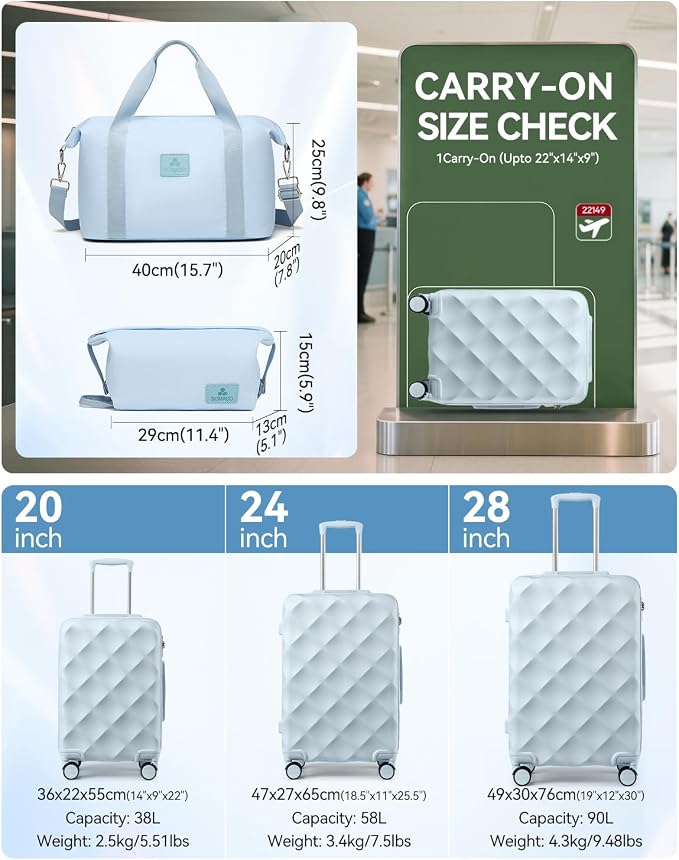 Somago Luggage Set of 3 Piece Suitcase Set Carry On Luggage with YKK Zipper TSA Lock ABS Hardside Luggage Spinner Wheels, Light Blue - Image 4