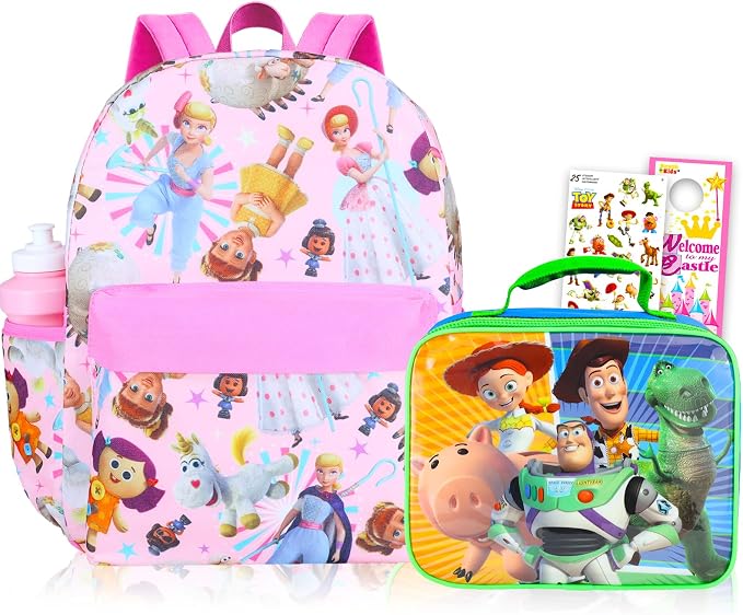 Pixar Toy Story Backpack and Lunch Box Set for Girls School Bundle + More | Insulated Lunch Bag & 16in Large Durable Bo Peep Bookbag Plus Water Bottle, Stickers, More - Toy Story School Supplies by Disney