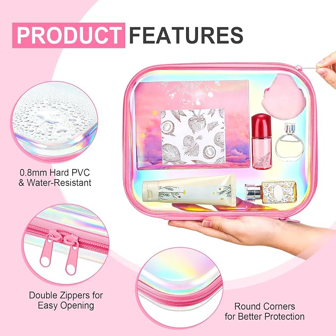 Hoolerry 4 Pcs Hard Clear Zipper Case Makeup Bags Plastic Zipper Pouch Transparent Storage Box Containers for Cosmetics, Snacks, Building Blocks, Puzzles(Clear,9.8 x 7.9 x 2 in,Pink Laser) - Image 3