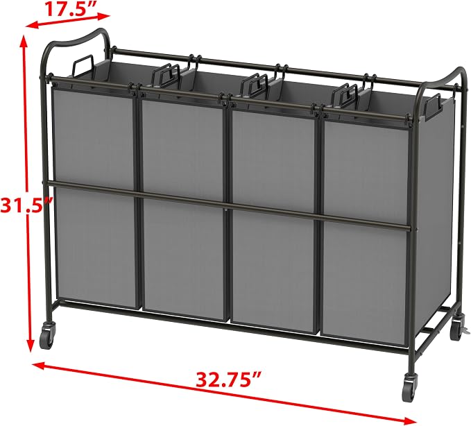 Simple Houseware 4-Bag Heavy Duty Laundry Sorter Rolling Cart, Dark Grey | Removable Bags and Lockable Wheels for Laundry Room Organization - Image 5