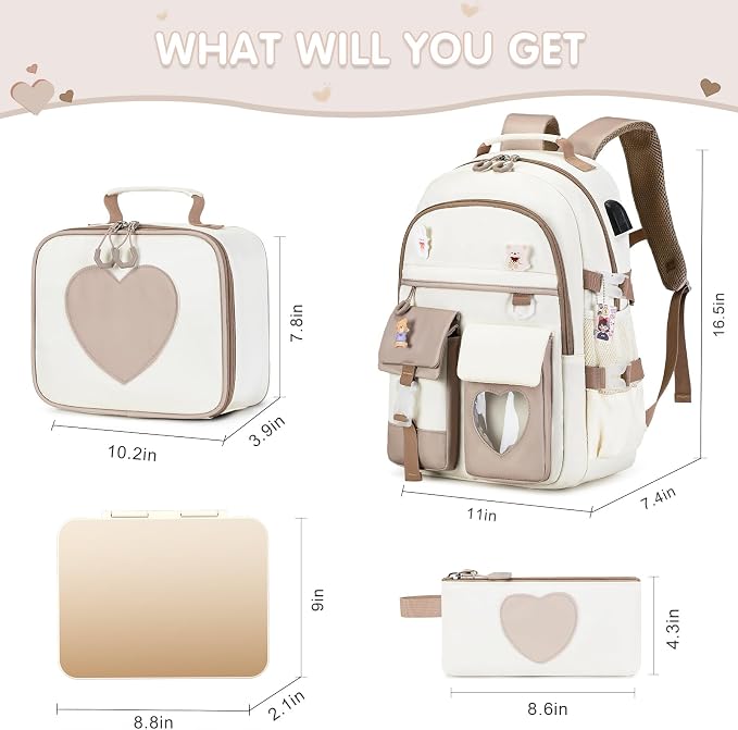 ACESAK Girls Backpack - Bento Box with Insulated Lunch Bag Pencil Case & Utensils Set for Kids, 6 Leakproof Compartments Removable Tray Lunches or Snack Container for School (Khaki Beige) - Image 2