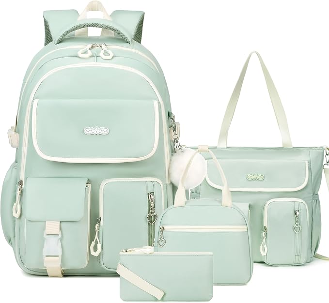 DIGOBAY Backpacks for Girls, 4PCS School Girls Backpack with Tote Bag Lunch Box Pencil Pouch for Teen Kids Elementary Primary Middle High College Travel School bag Bookbag Set, Green by DIGOBAY