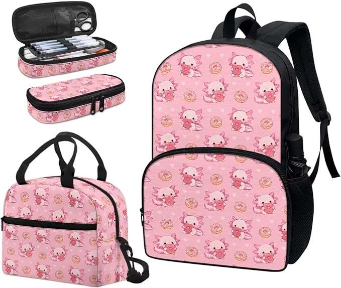 Axolotl Donuts Backpacks for Kids, Girls Backpack School Bookbags with Insulated Lunch Box Pencil Case 3 in 1, Lightweight Sports Backpack - Image 6
