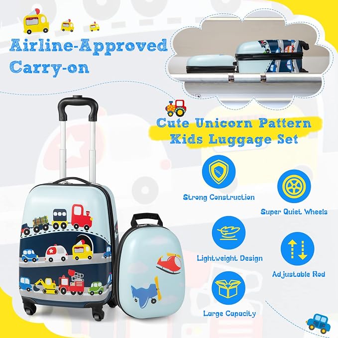 HONEY JOY Kids Luggage, 12" Toddler Backpack & 16" Travel Suitcase with Wheels, Lightweight Toddler Girls Suitcase, Durable ABS Hardshell, 2Pcs Carry On Luggage Set for Boys Girls(Car) - Image 4