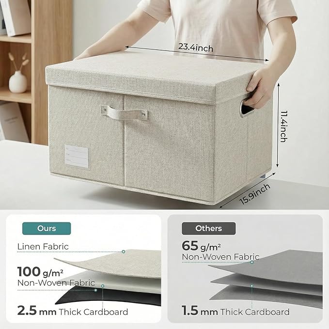 PRANDOM Storage Bins with Lids [3-Pack] Linen Fabric Foldable Storage Boxes Organizer Containers Baskets Cube with Cover for Bedroom Closet Office Beige (23.4X15.9X11.4) - Image 3