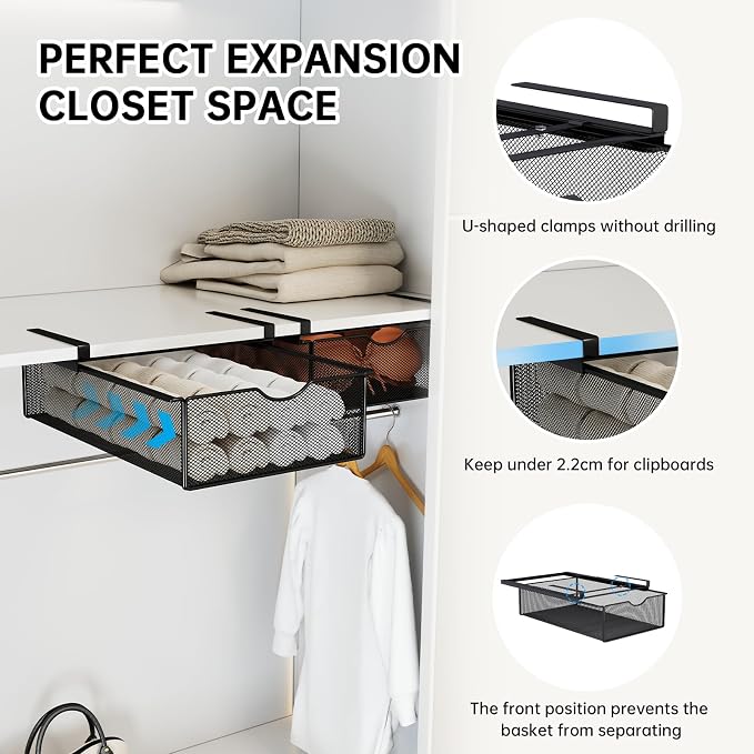 2 Pack Underwear Sock Drawer Organizer Set, Pull-Out Storage Baskets for Bra & Clothing, Closet & Dorm Room Organization Essentials(Black) - Image 3
