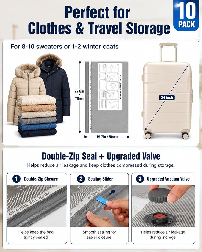 Fantictas Vacuum Storage Bags with Hand Pump, 10 Medium Space Saver Bags for Clothes, Bedding and Travel, Reusable Compression Bags for Closet, Luggage and Moving - Image 3