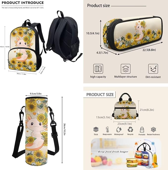 POLERO Cute School Bag Bookbag for Teen Girls Sunflower Axolotl Backpacks with Lunch Box Toddler Kindergarten School Bags Set - Image 3