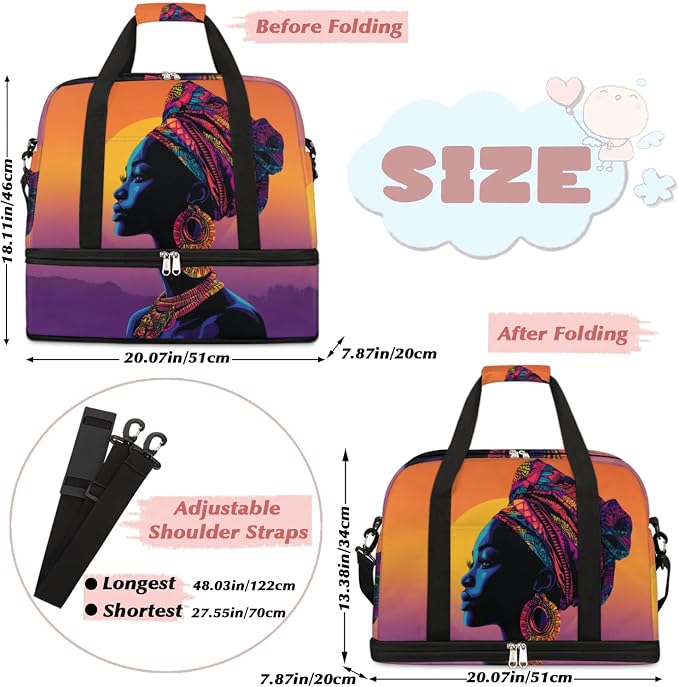 African American Women Foldable Travel Duffel Bag, Expandable Weekender Overnight Carry on Bags with Shoe Compartment Sport Tote Gym Luggage for Women Men - Image 2