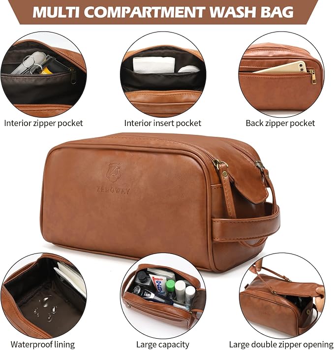 Zeroway PU Leather Travel Duffel Bag with Toiletry Dopp Kit and Laundry Bag, Weekender Overnight bag Luggage Carry-On Bag with Shoe Pouch for Men or Women Brown - Image 3