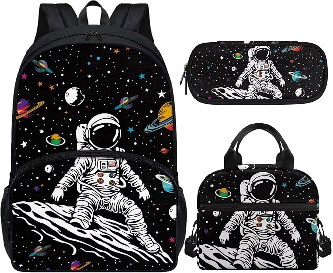 Astronaut Bookbag for Boys Preschool Elementary Kindergarten Backpack for Kids Lightweight 3Pcs School Bag Set with Lunch Bag and Pencil Box by Vanideaoty