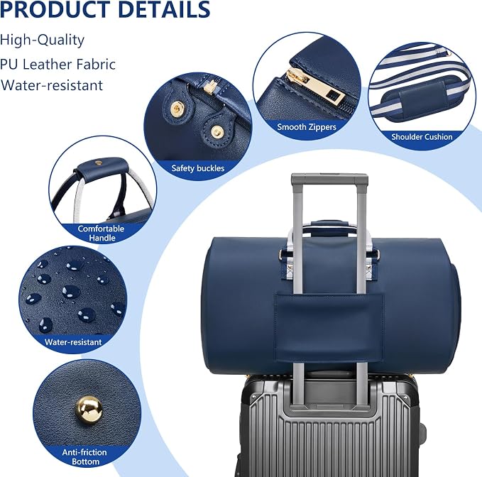 Leather Garment Bags for Travel, Convertible Carry on Garment Duffel Bag for Men, 2 in 1 Waterproof Foldable Travel Suit Bag with Shoulder Strap Weekender Bag with Shoe Pouch, Blue - Image 5