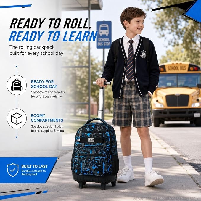 3Pcs Rolling Backpack for Boys, Men Roller Bag with Wheels for Adults, 19 Inche Graffiti Wheeled Bookbag with Lunch Box(Blue) - Image 8