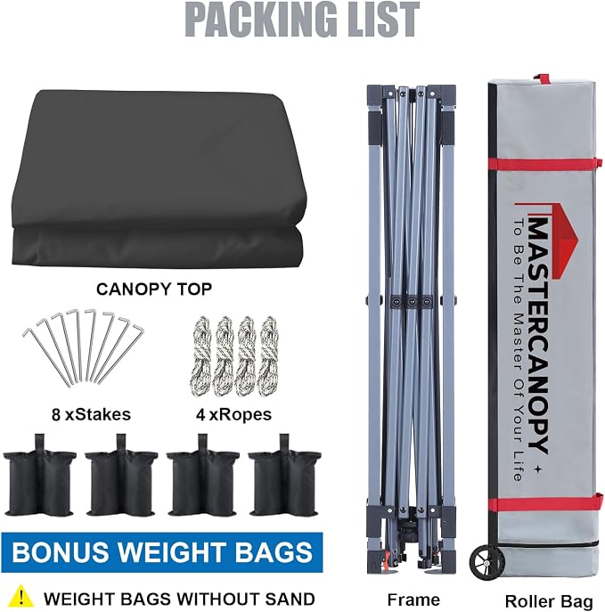 MASTERCANOPY 10x10 Pop Up Canopy Tent, 1 Person Setup Instant Shelter,Outdoor Portable Beach Canopy with Roller Bag, 4 Sandbags, 4 Ropes, 8 Stakes (10x10, Dark Gray) - Image 5
