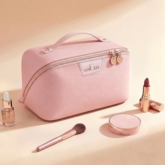 Travel Makeup Bag for Women: 3-in-1 Large Capacity Cosmetics Organizer with 2 Detachable Pouch - Vegan Leather Flat Open Toiletry Bag - Portable Travel Essentials for Full-Sized Bottles(Pink) - Image 8