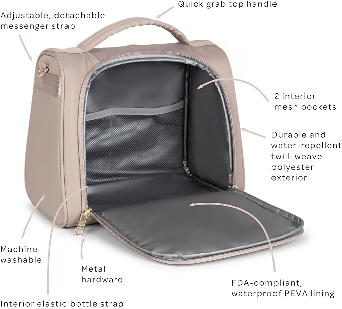 JuJuBe Insulated Bottle Bag, Breastmilk Cooler Bag Fits 3 Baby Bottles, Storage Tote for Nursing Mom, Daycare & Travel, Lunch Bag w/Handle & Shoulder Strap (Taupe) - Image 5