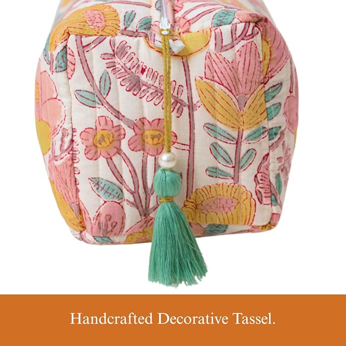 Saffron Marigold Quilted Makeup Bag Set of 3, Hand Block Printed Cotton Cosmetic Bags for Women, Waterproof Lined Travel Toiletry Bag, Coquette Floral Aesthetic, Handmade Gift, Sunspell Garden - Image 3