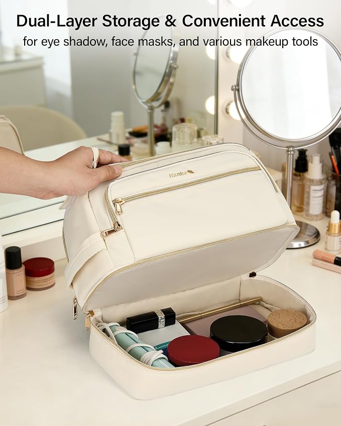 Hanke Travel Toiletry Bag, Lightweight Wide-open Makeup Bag, Dual-Layer Travel Bag for Toiletries Water-Resistant Cosmetic Bags Large Toiletry Bags for Women & Men, Travel Essentials, Off White - Image 6