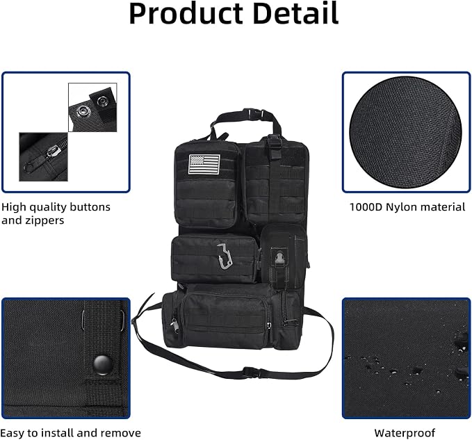 Tactical Car Seat Back Organizer,Tactical Molle Seat Back Organizer with 6 Detachable Molle Pouch,Universal Fits for Car Truck Jeep Vehicle Black - Image 4