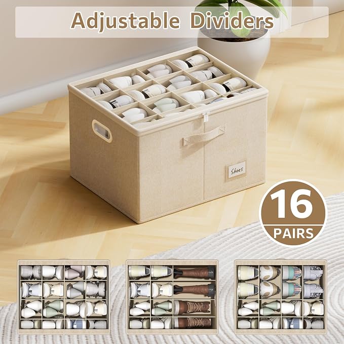 2 Pack Shoe Organizer for Closet Large Shoe Box Storage Containers with Clear Window Space Saving Shoe Bin with Foldable Bottom Support Adjustable Dividers Fits 32 Pairs (Beige, (19.7x15.7x13inch)x2) - Image 5